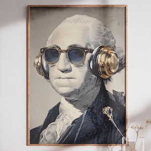 George Washington Headphones Print, Funny Historical Portrait, Founding Father Wall Art, Quirky Pop Art Digital Download
