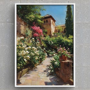 Alhambra Generalife Gardens Digital Art Print, Granada Spain Wall Decor, Printable Andalusian Palace Painting, Instant Download Moorish Art