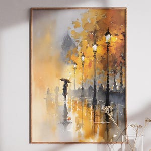 Rainy Street Wall Art, Autumn Rain Painting, Umbrella Street Lamp Print, Moody City Scene, Impressionist Digital Download