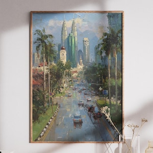 Kuala Lumpur Cityscape Digital Print, Petronas Twin Towers Art, Printable Malaysian Urban Scene, Palm Tree Street Painting