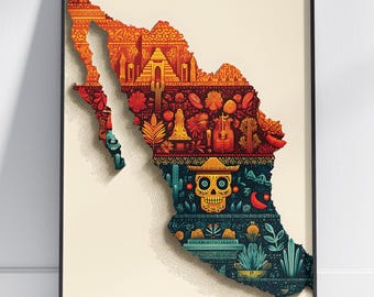 Impressão artística do mapa do México, decoração de arte popular mexicana, pôster de viagem vibrante, arte de parede cultural, decoração de caveira de açúcar, download digital, presente do México