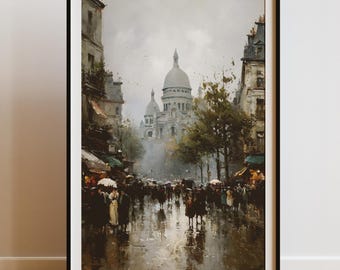 Impressão da arte da basílica de Sacré-Cœur de <br> Entrega Rápida? Cena chuvosa da rua de Paris (download digital)