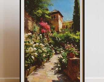 Alhambra Gardens Art Print: Granada Spain Palace Painting (Digital Print)