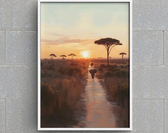 African Sunset Elephant Print: Safari Landscape Wall Art (Digital Download)
