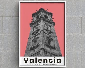 Valencia Travel Print, Spain Tourism Poster, Santa Catalina Bell Tower Art, Instant Download