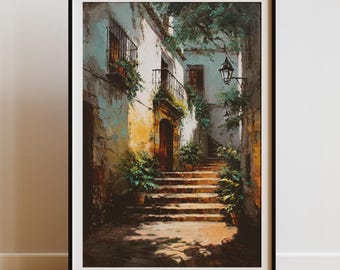 Impressão da Rua Andaluzia: Arte Vintage Espanhola Pueblo Blanco (Download Digital)