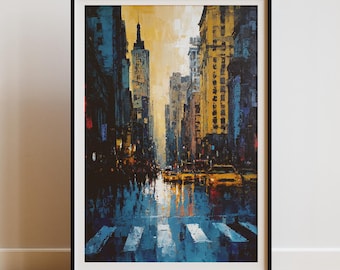 New York Cityscape Print: Impasto Rainy Street Painting with Yellow Taxis (Digital Download)