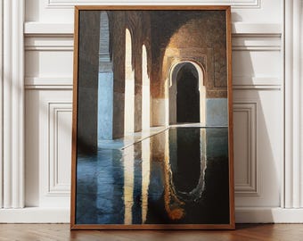 Arte de parede da Alhambra, Granada, Espanha - Impressão de arquitetura islâmica, pintura vintage de pátio, decoração para download digital.