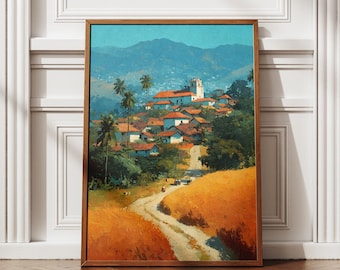 Cameroon Yaoundé Wall Art | City of Seven Hills Print | Central African Landscape Oil Painting | Red Roof Decor | Tropical Travel Poster