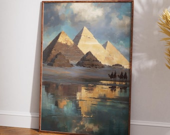 Giza Pyramids Digital Art Print, Egypt Desert Landscape Painting, Printable Ancient Wonders Wall Art, Camel Caravan, Travel Decor
