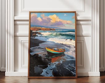 Impressão artística das Ilhas Canárias | Barco colorido em praia vulcânica - Download digital | Pintura de paisagem marinha do Oceano Atlântico