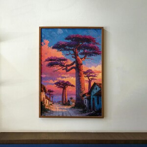 May include: A framed landscape painting depicts baobab trees under a vibrant sunset sky. The artwork features a dirt road, small buildings, and a color palette of pink, purple, blue, and orange.