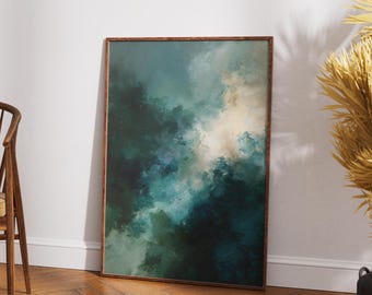 Impressão de pintura abstrata de nuvem azul-petróleo: Arte de parede com céu melancólico, decoração abstrata verde-escura, pintura a óleo de nuvem de tempestade, espaço moderno (download digital)
