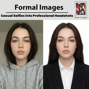 Peut inclure: Image divisée en deux, illustrant une transformation. À gauche, une personne en sweat à capuche gris ; à droite, la même personne en blazer noir et chemise blanche. Le texte en haut indique "Formal Images" et "Casual Selfies into Professional Headshots".