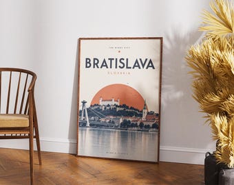 Bratislava Travel Poster, Bratislava Slovakia Print, Slovakia Wall Art, Bratislava Castle Art, UFO Bridge Poster, Slovakia Gift