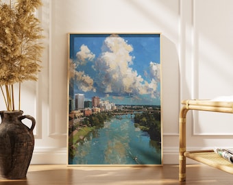 Impressão de arte digital da paisagem urbana de Richmond, Virgínia | Pintura do horizonte do Rio James | Decoração de parede urbana com ponte histórica | Arte de viagem pelos EUA