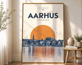Aarhus Denmark Travel Poster, Scandinavian Harbor Skyline Art Print (Digital Download)