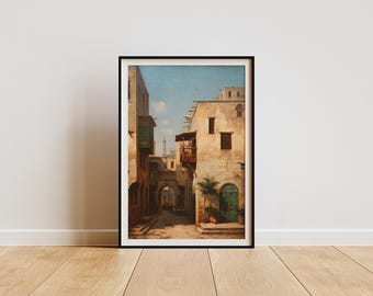 Impressão de pintura a óleo da Cidade Velha de Jerusalém: Arte de parede do Bairro Muçulmano, Impressão de rua da Palestina, Decoração da Terra Santa, Arte vintage de Jerusalém