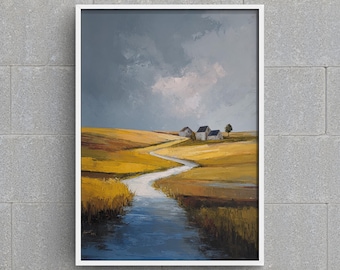 Impressão de paisagem rural escocesa: Campo dourado melancólico, rio sinuoso (Download digital)