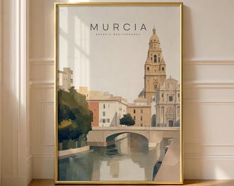 Pôster de viagem de Múrcia, arte de parede da Catedral no Rio Segura (Download digital)