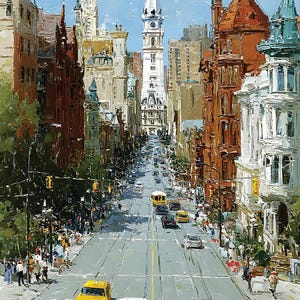 May include: Oil painting of a city street scene with tall buildings and a clock tower. The street is filled with cars, including yellow taxis and a vintage white car. People are walking on the sidewalks. The sky is a light blue.