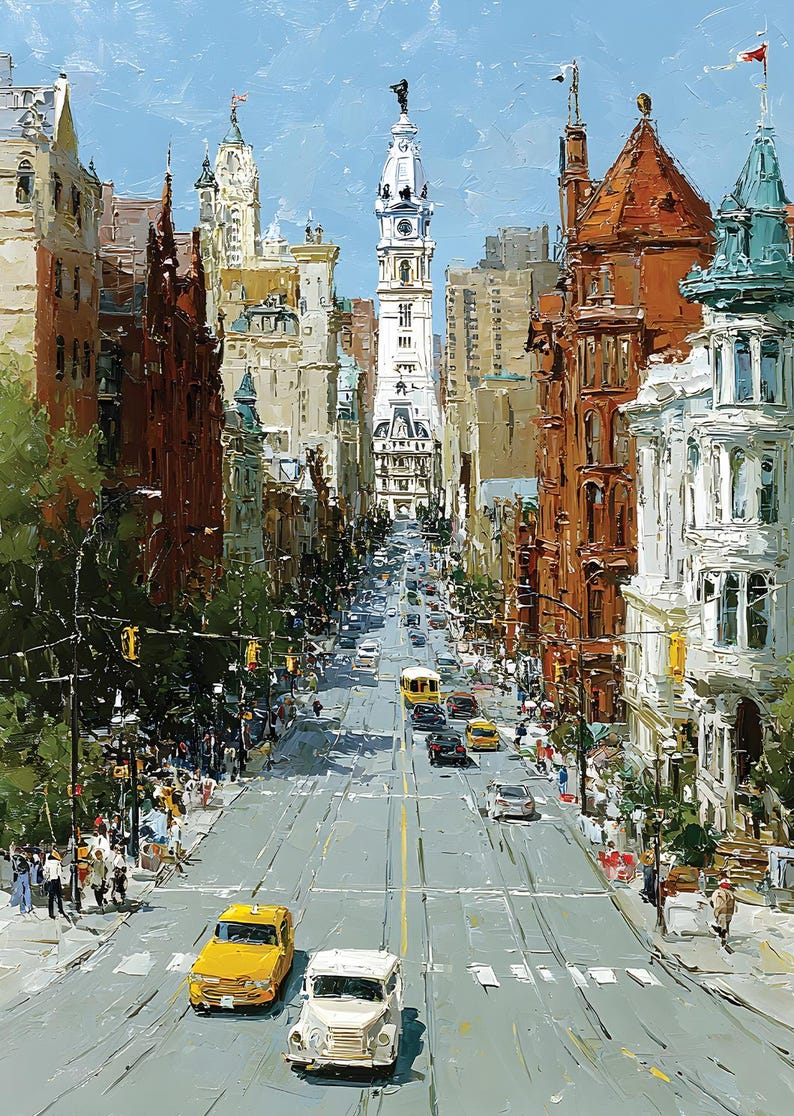 May include: Oil painting of a city street scene with tall buildings and a clock tower. The street is filled with cars, including yellow taxis and a vintage white car. People are walking on the sidewalks. The sky is a light blue.