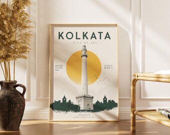 Kolkata Travel Poster Print: Shahid Minar Wall Art, City of Joy Print, Kolkata Skyline Decor, India Travel Poster, Calcutta Wall Art