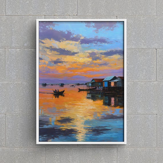 Siem Reap Sunset Painting: Cambodian Floating Village Print