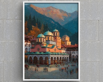 Impressão artística do Mosteiro de Rila, Bulgária | Download digital de igreja ortodoxa | Pintura de arquitetura histórica dos Balcãs