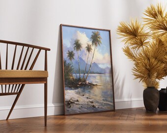 Tahiti Oil Painting Print, Tropical Lagoon Wall Art, French Polynesia Beach Print, Palm Tree Coastal Art, Bora Bora Travel Decor