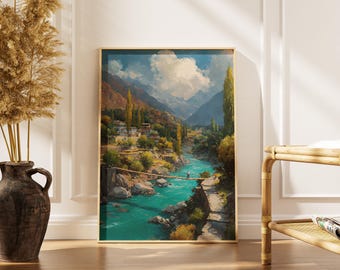 Impressão artística do Vale do Soq, Paquistão | Download digital de uma vila montanhosa com rio turquesa | Pintura de paisagem com ponte suspensa
