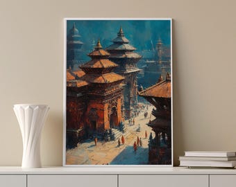Nepal Kathmandu: Durbar Square Temple Oil Painting (Digital Download)