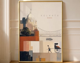 Pôster de viagem de Calcutá, Índia: Arte de parede da Ponte Howrah em homenagem à Rainha Vitória, impressão de riquixá puxado à mão, decoração de pintura a óleo bengali.