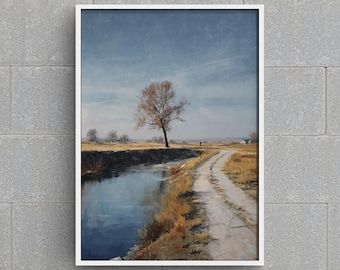 Impressão de paisagem de canal holandês: Estrada de terra vintage, pintura de árvore solitária (Download digital)