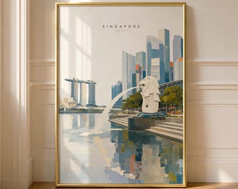 Pôster de viagem de Singapura, Impressão de Singapura, Arte de parede Marina Bay Sands, Pintura da estátua do Merlion, Arte retrô de Singapura, Presente da Cidade do Leão