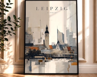 Pôster de viagem de Leipzig, impressão da Alemanha de Leipzig, arte de parede da Alemanha, pintura Neues Rathaus, arte retrô da Alemanha, horizonte de Leipzig, presente da Alemanha