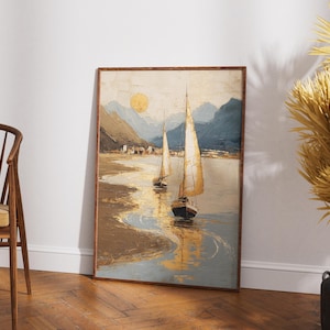 Vintage Sailboat Sunset Print | Nautical Wall Art | Golden Hour Sailing Digital Download | Coastal Beach House Decor | Instant Print