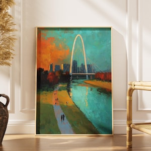 May include: An abstract painting of a bridge over a river, with a cityscape in the background. The artwork features a teal river, orange and teal sky, and a gold frame. People are walking on a path along the river.
