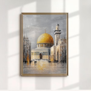 May include: A framed painting depicts a cityscape with a golden-domed structure as the focal point. The artwork features a muted color palette of grays, yellows, and browns, with visible brushstrokes. Silhouetted figures populate the foreground, suggesting a bustling environment.