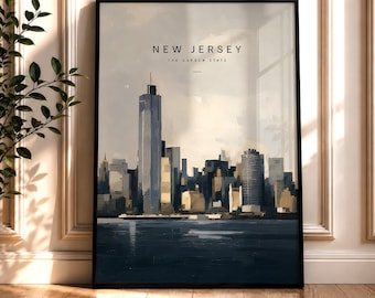 Pôster de viagem de Nova Jersey, impressão de Jersey City, arte de parede do Rio Hudson, arte do horizonte de Jersey City, pôster retrô de Nova Jersey, presente do Garden State