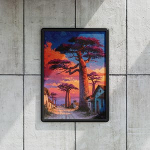 Puede incluir: Una impresi&oacute;n art&iacute;stica enmarcada que representa un paisaje vibrante con grandes &aacute;rboles de baobab bajo un cielo colorido al atardecer. La obra presenta una carretera bordeada de peque&ntilde;os edificios, pintados en tonos naranja, morado y azul.