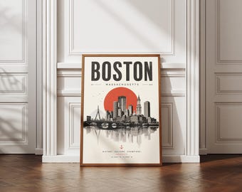 Boston Travel Poster Print, Massachusetts Skyline Wall Art, Zakim Bridge Print, Boston City Decor, New England Wall Art, Boston Gift Print