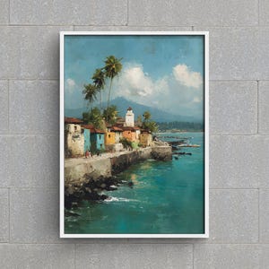 May include: Framed art print of a coastal scene with colorful buildings, palm trees, and a lighthouse. The artwork depicts a vibrant turquoise sea under a blue sky with fluffy white clouds. A serene landscape painting.