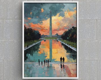 Pintura do pôr do sol no Monumento de Washington | Arte com espelho d'água (Download digital)
