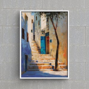 May include: Oil painting depicting a sunlit alleyway with white buildings, a blue door, and a staircase. A tree is on the right. The artwork is framed in a white border and mounted on a grey brick wall.