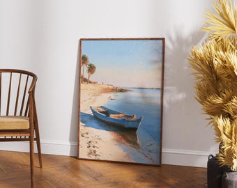Tunisia Beach Oil Painting Print, Blue Boat Coastal Wall Art, Djerba Seascape Print, Mediterranean Fishing Boat Art, Vintage Coastal Decor