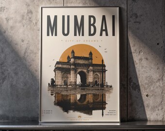 India Wall Art, Mumbai City of Dreams Print, India Travel Decor, Retro India Poster, Bombay Wall Art
