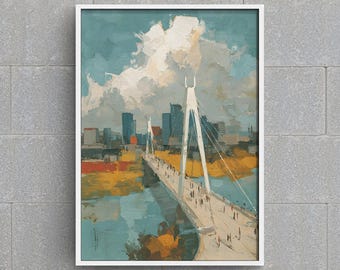 Oklahoma City Skydance Bridge Digital Art Print | OKC Scissortail Park Painting | Modern Urban Wall Decor | USA Cityscape Travel Art