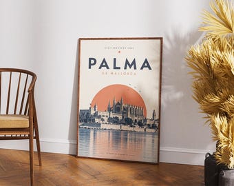 Palma de Mallorca Poster, Mallorca Print, Spain Wall Art, La Seu Cathedral Art, Mediterranean Poster, Retro Spain Art, Mallorca Gift