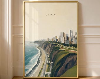 Lima Peru Travel Poster Print: Miraflores Cliffs Wall Art, Costa Verde Coastal Highway Print, Peru Skyline Decor, South America Travel Art